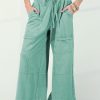 Women's Mint Green Mineral Wash High Waist Wide Leg Cargo Pants with Drawstring - Image 3