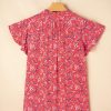 Women's Red Floral Crinkled Blouse with Tie Split Neck and Short Flounce Sleeves - Image 5