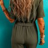 Women's Moss Green Half Button Belted Utility Short Sleeve Jumpsuit - Image 2