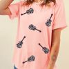 Chic Women's Pink Leopard Guitar Sequin Patch Crew Neck Tee - Image 7