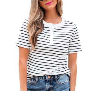 Women's White Stripe Textured Short Sleeve Buttoned Henley Top - Casual Summer Tee