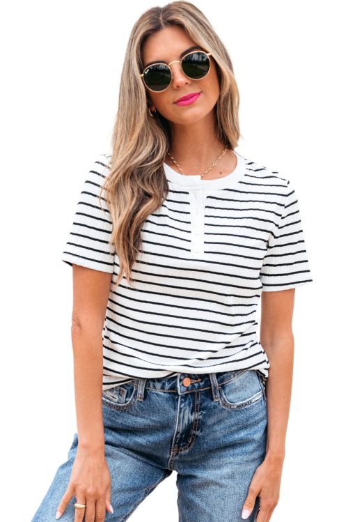Women's White Stripe Textured Short Sleeve Buttoned Henley Top - Casual Summer Tee