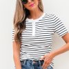 Women's White Stripe Textured Short Sleeve Buttoned Henley Top - Casual Summer Tee - Image 6