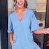Women's Myosotis Blue Loose Half Sleeve V Neck Knit Romper with Pockets - Image 3