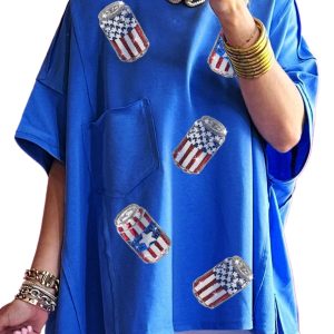 Women's Blue Sequined American Flag Oversized Graphic Tee for Independence Day