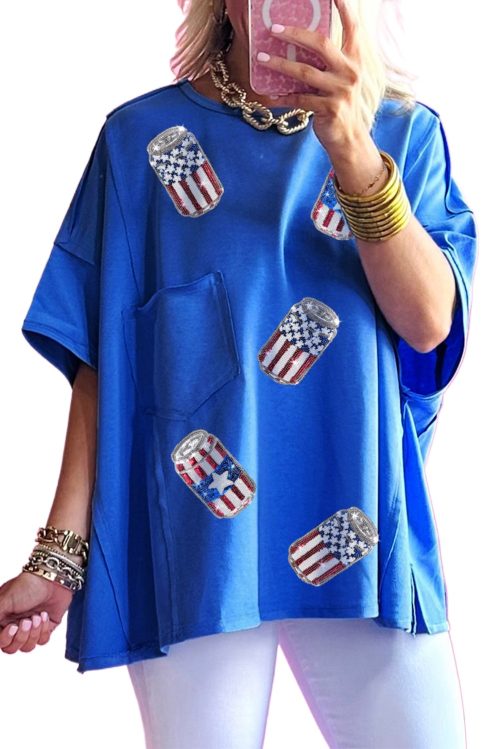 Women's Blue Sequined American Flag Oversized Graphic Tee for Independence Day