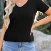 Women's Black V Neck Ribbed Knit Short Sleeve Sweater - Lightweight & Comfortable - Image 14