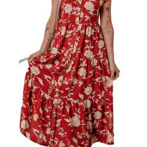 Women's Red Floral Print Midi Dress - Buttoned Front V Neck with Tiered Short Sleeves