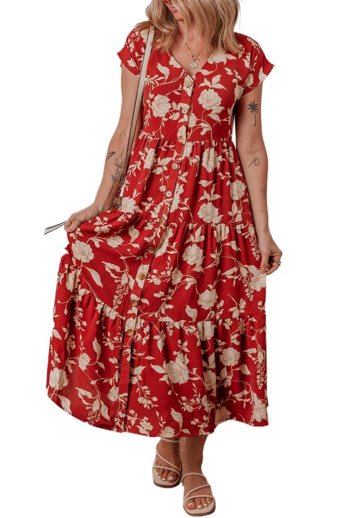 Women's Red Floral Print Midi Dress - Buttoned Front V Neck with Tiered Short Sleeves