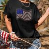 Women's Black Rhinestone American Flag Casual Round Neck Tee - Image 5