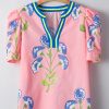 Women's Pink Floral Print Striped Notched V Neck Bubble Sleeve Blouse - Summer Style - Image 2