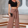 Women's Coffee High Waisted Tie Front Wide Leg Casual Pants with Side Pockets - Image 4