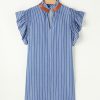 Women's Sky Blue Stripe Frilly Split Neck Shirred Ruffle Sleeve Mini Dress - Image 8