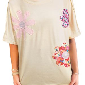 Women's Apricot Flower Patched Loose Tee with Exposed Stitching Trim