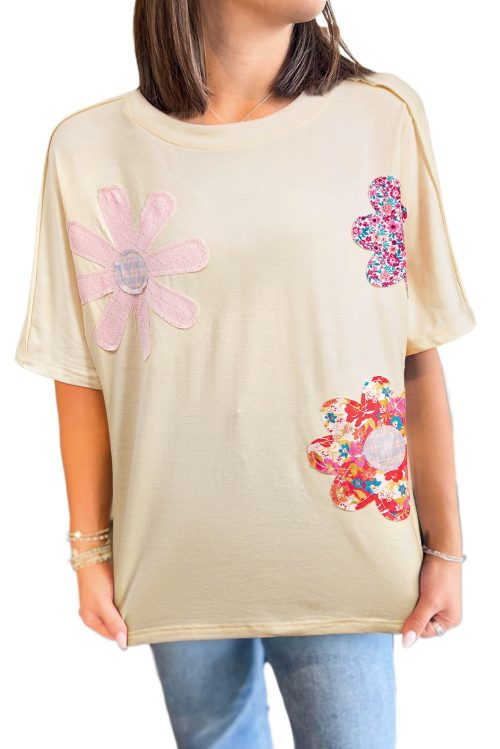 Women's Apricot Flower Patched Loose Tee with Exposed Stitching Trim