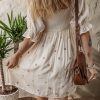 Women's Beige Embroidered Flower Smocked Bust A-Line Dress with Half Puff Sleeves - Image 3