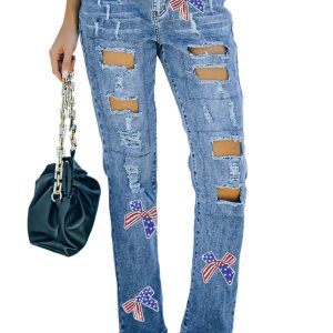 Women’s Light Blue Distressed Jeans with Sequin Bow and American Flag Pattern