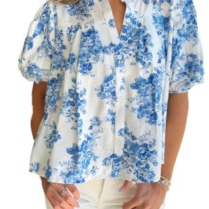 Women's Sky Blue Floral Tiered Puff Short Sleeve Pleated Bust Buttoned Casual Shirt