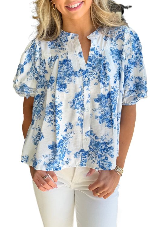 Women's Sky Blue Floral Tiered Puff Short Sleeve Pleated Bust Buttoned Casual Shirt