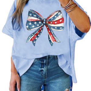 Women's Myosotis July 4th Oversized Stars and Stripes Bow Print Tee
