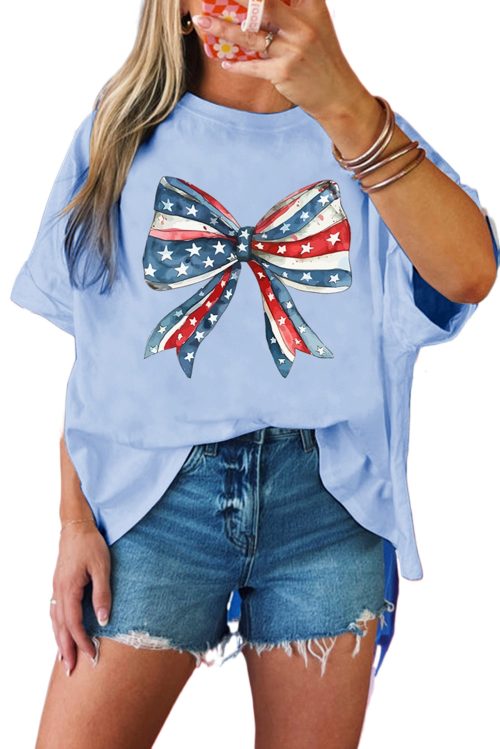 Women's Myosotis July 4th Oversized Stars and Stripes Bow Print Tee