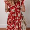 Women's Red Floral Print Midi Dress - Buttoned Front V Neck with Tiered Short Sleeves - Image 6