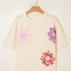 Women's Apricot Flower Patched Loose Tee with Exposed Stitching Trim - Image 3