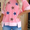 Women's Peach Blossom Sequin Star Graphic Tee - Contrast Patchwork Design - Image 9