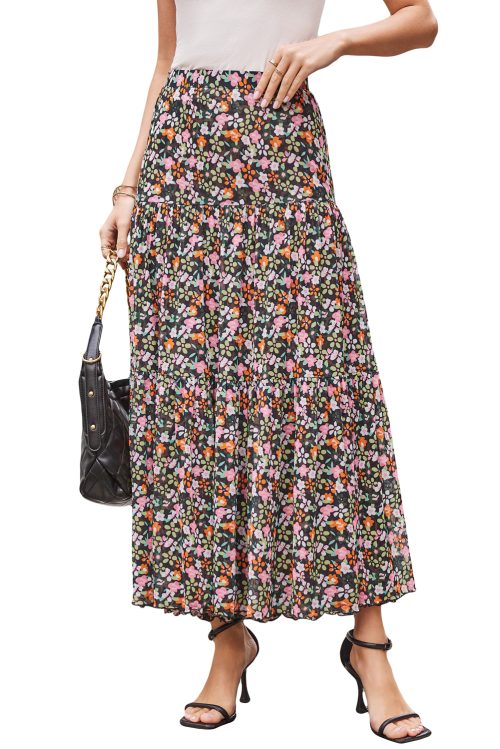 Women's Brown Leopard Floral Reversible Ruffle Hem Maxi Skirt - Elegant & Versatile