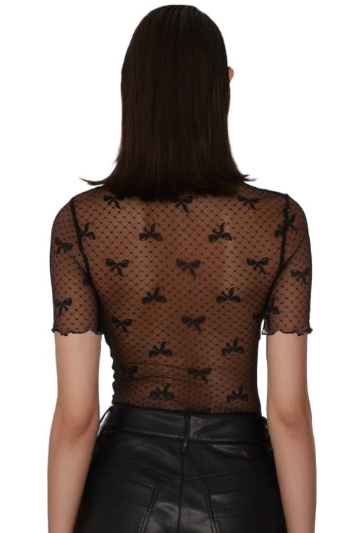 Women's Black Bow Knot Dotted See-Through Mesh Patched Slim Fit Blouse
