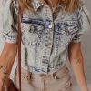 Women's Beau Blue Light Wash Puff Sleeve Denim Jacket with Buttoned Chest Pockets - Image 6