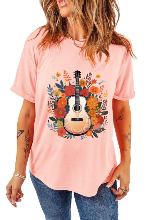 Women's Pink Guitar Flower Print Crew Neck Loose T-Shirt - Casual Summer Tee