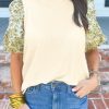 Women's Beige Contrast Floral Bubble Sleeve Patchwork Ribbed Top - Chic & Elegant - Image 9