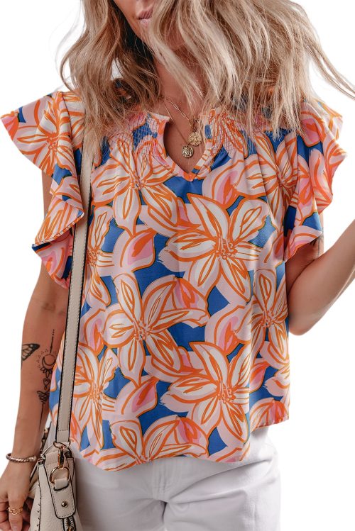 Charming Women's Orange Summer Flower Print Blouse with Ruffle Sleeves