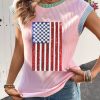 Women's Pink Colorblock Sequin American Flag Casual T-Shirt with Twisted Rib Texture - Image 5