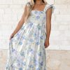 Women's Sky Blue Floral Smocked High Waist Double Ruffle Sleeveless Long Dress - Image 3