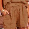 Women's Chestnut Crinkle Textured Polo Shirt and High Waist Shorts Set - Image 2